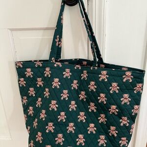 Quilted Tote Bag with Teddy Bear Print - Green